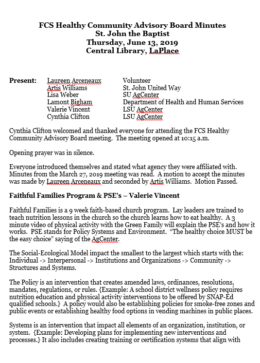 FCS Healthy Community Advisory Board Minutes June 13, 2019